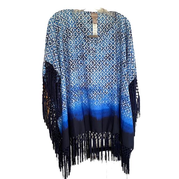 CHICO'S OS MidSummer Night Poncho Blue Watercolor Tile Print Fringe Boho Kimono - Picture 1 of 10